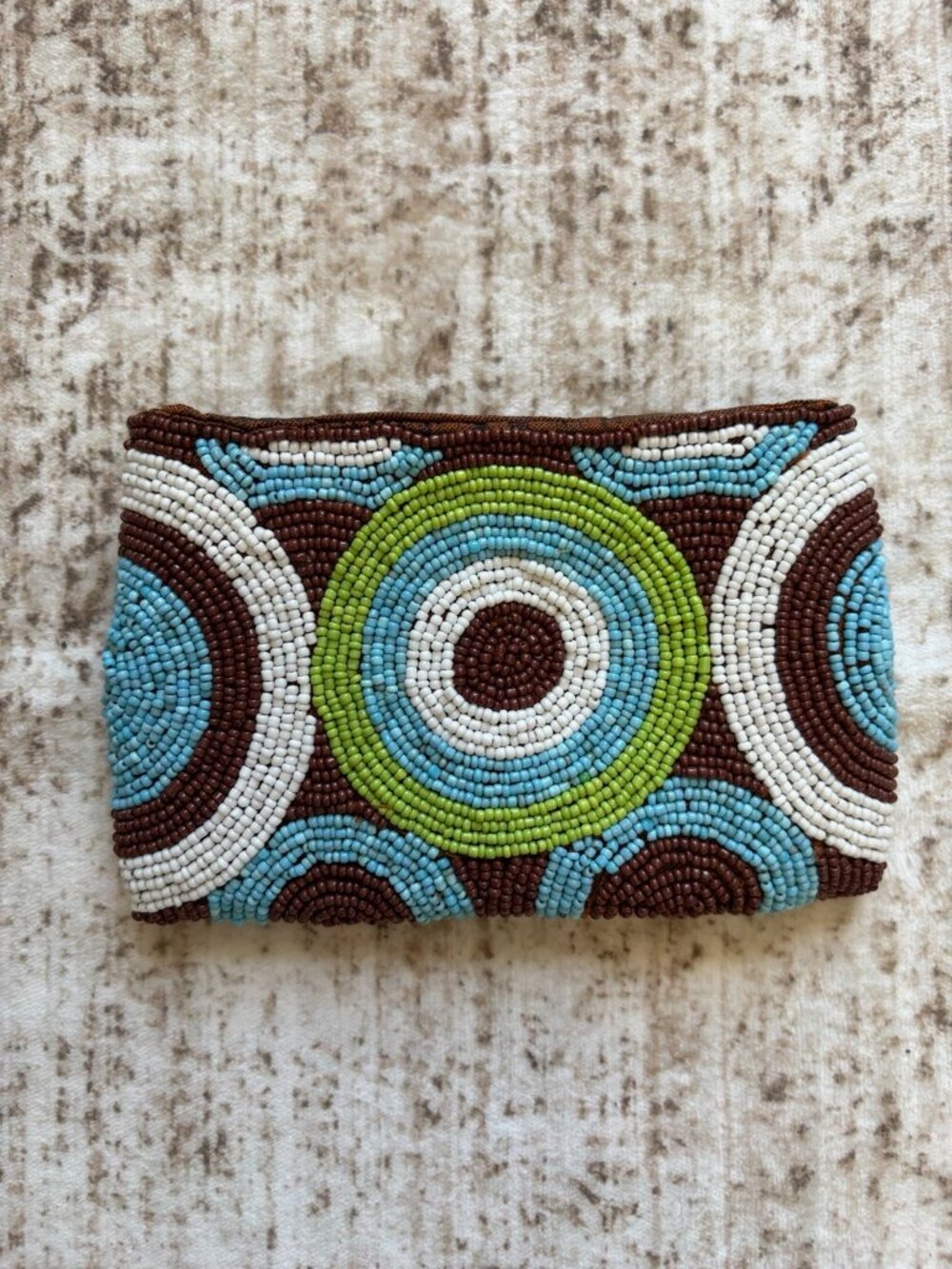 AREA Beaded Geometric Zip Pouch Coin Purse Brown Turquoise Green